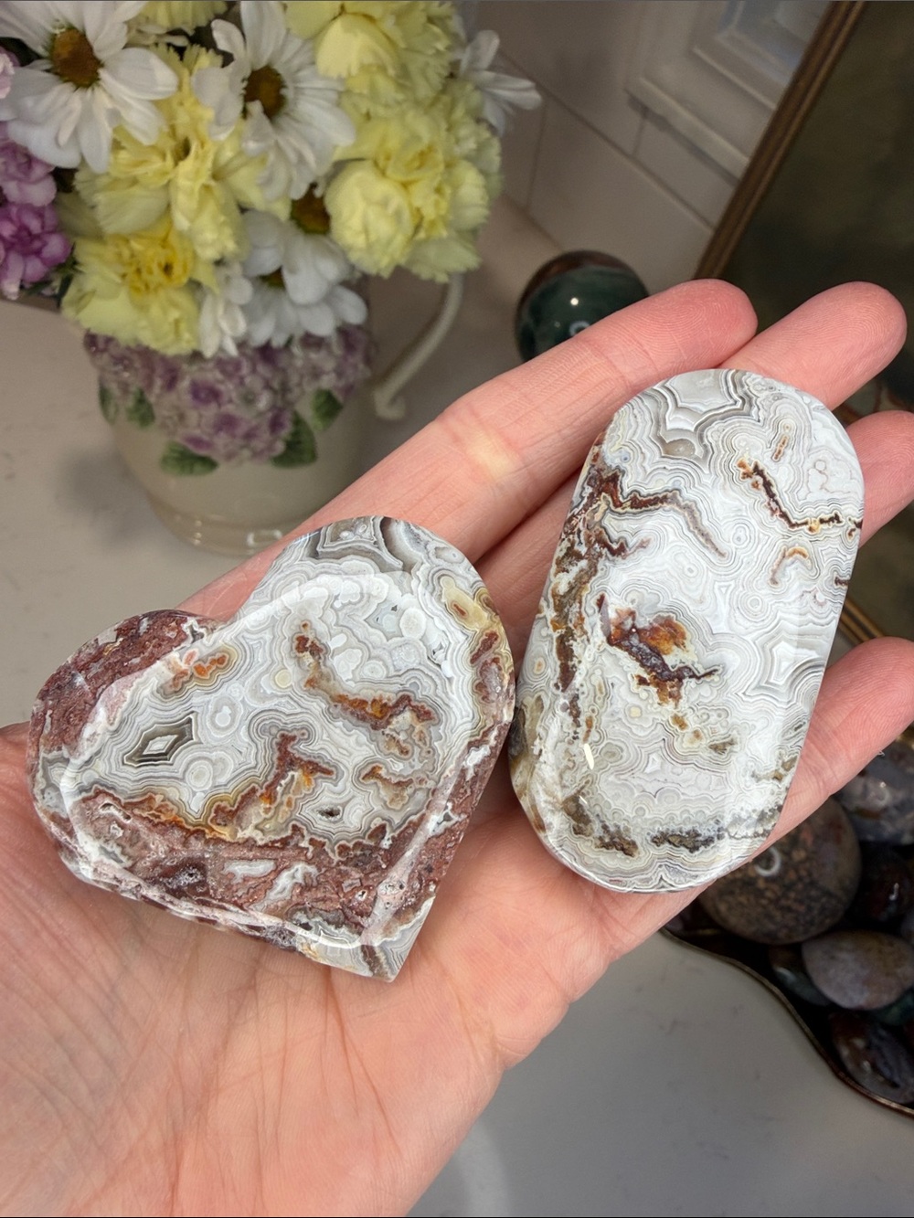 Mexican Crazy Lace Agate Heart & Palm Set: C1012